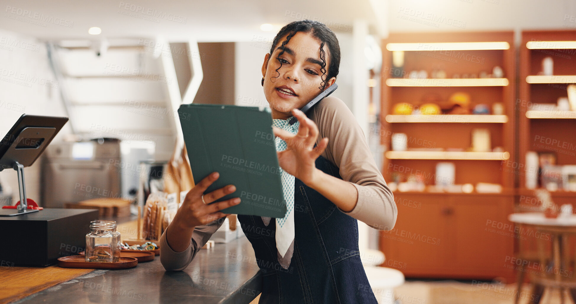 Buy stock photo Tablet, phone call and update with woman in cafe for inventory checklist, restaurant stock and small business. Hospitality, store and menu planning with person in coffee shop for online sales order