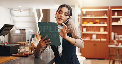 Buy stock photo Tablet, phone call and update with woman in cafe for inventory checklist, restaurant stock order and small business. Hospitality, store and menu planning with person in coffee shop for barista sales