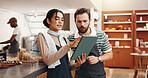Tablet, team and search with people in cafe for online critic update, restaurant review and small business. Customer experience, reading and menu rating with man and woman in coffee shop for app
