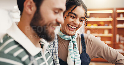 Buy stock photo Happy, small business and people in coffee shop, team and excited for new store or collaboration. Laughing, woman and man with smile in cafe, confident and career growth for colleagues and restaurant