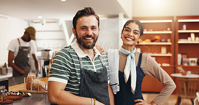 Buy stock photo Portrait, entrepreneur and people in coffee shop, team and excited for new store or collaboration. Happy, woman and man with smile in small business, confident and career growth in cafe or restaurant