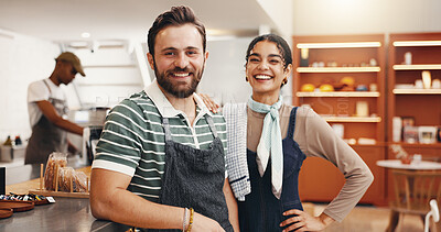 Buy stock photo Portrait, entrepreneur and people in coffee shop, friends and excited for new store and collaboration. Team, woman and man with smile in small business, happy and career growth in cafe or restaurant