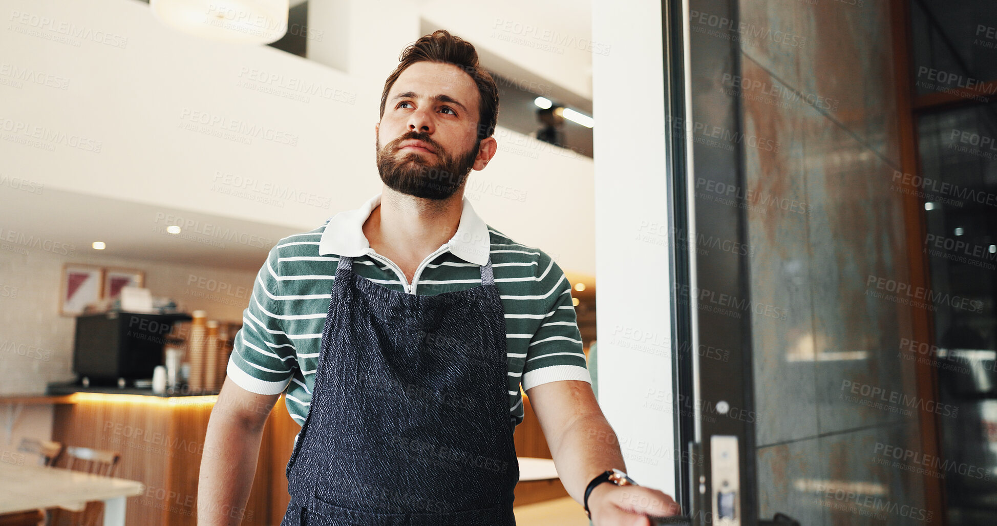 Buy stock photo Man, business owner and thinking at cafe, door or reflection with search for customer at restaurant. Person, barista and perspective for career, catering and decision for service at coffee shop