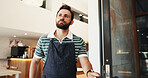 Man, business owner and thinking at cafe, front door or reflection with search for customer at restaurant. Person, barista and perspective for career, catering and decision for service at coffee shop