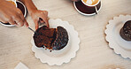 Person, hands and muffin in cafe with dessert, hospitality service and morning coffee for breakfast. Knife, top view and tea break in restaurant cutting cupcakes for eating meal and food in diner