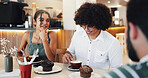 Conversation, breakfast and group of people in cafe for eating, bonding or social gathering. Happy, restaurant and friends enjoying muffin in morning together for talking and connection coffee shop.