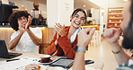 Smile, business and people applause at cafe funding success, good news and financial management. Staff, clapping and budget document of project celebration, finance growth and investment opportunity 