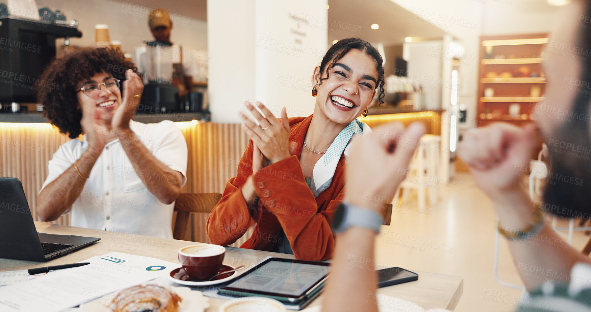 Buy stock photo Smile, business and people applause at cafe for funding success, good news or financial management. Staff, clapping or budget document of project celebration, finance growth or investment opportunity