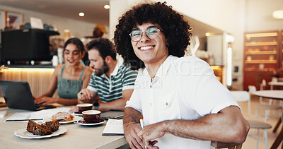 Buy stock photo Portrait, smile and man with colleagues, cafe and confident for collaboration in store, tea and group. Happy, people and journalist with coworkers in meeting, beverage and customer in coffee shop
