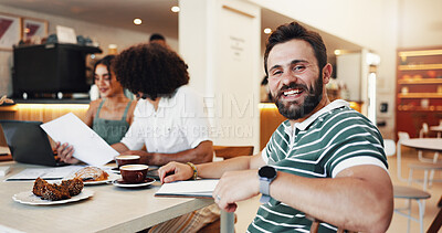 Buy stock photo Portrait, confident and man with colleagues, cafe and smile for collaboration in store, tea and group. Happy, people and journalist with coworkers in meeting, beverage and customer in coffee shop