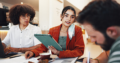 Buy stock photo Tablet, business people and meeting at coffee shop for conversation, brainstorming or creative solution. Team, technology or planning in cafe startup for content writing, remote work or article ideas