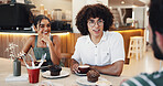 Conversation, breakfast and group of friends in cafe for eating, bonding or social gathering. Happy, restaurant and people enjoying muffin in morning together for talking and connection coffee shop.