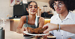 Muffin, breakfast and group of people in cafe for eating, bonding or social gathering. Happy, restaurant and friends enjoying sweet treat in morning together for talking and connection coffee shop.