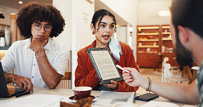 Buy stock photo Collaboration, colleagues and people with tablet, cafe or review of article for blog or journalist. Teamwork, screen and group with tech for website, reporter or discussion for project in coffee shop