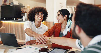 Buy stock photo Business, people and hands stack at cafe for teamwork, accounting support and financial management. Staff, budget documents and agreement for collaboration, finance growth and investment opportunity 