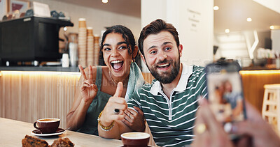 Buy stock photo Photography, happy and couple in cafe on date with memory, bonding or social media post. Phone, excited and man with woman in coffee shop for profile picture with breakfast in morning at restaurant.