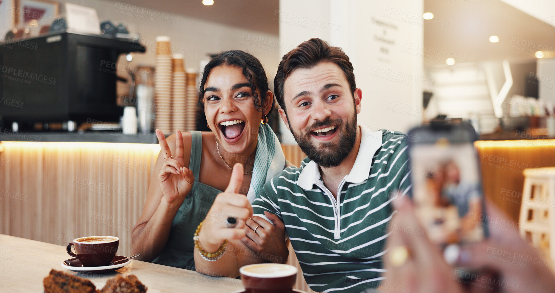 Buy stock photo Photography, happy and couple in cafe on date with memory, bonding or social media post. Phone, excited and man with woman in coffee shop for profile picture with breakfast in morning at restaurant.