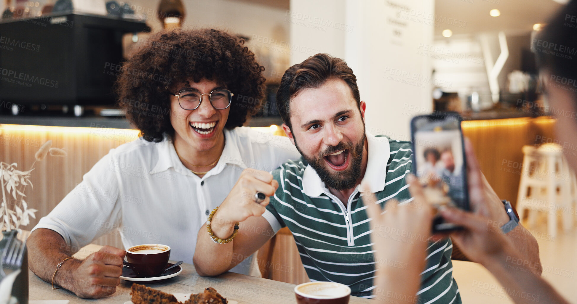 Buy stock photo Smartphone, smile and friends in cafe, picture and excited with reunion, bonding together and joy. Capture, expression and people in restaurant, digital app and memory with happiness and cheering