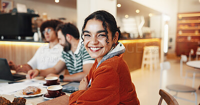 Buy stock photo Portrait, smile and woman with colleagues, cafe and confident for collaboration in store, tea and group. Happy, people and journalist with coworkers in meeting, beverage and customer in coffee shop