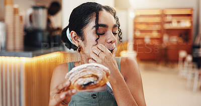 Buy stock photo Cafe, happy and woman bite pastry eating for breakfast with snack, meal and hungry with craving. Coffee shop, restaurant and person with croissant, baked confectionery and delicious food for dessert