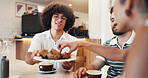Conversation, muffin and group of people in cafe for eating, bonding or social gathering. Happy, restaurant and friends enjoying sweet treat in morning together for talking and connection coffee shop