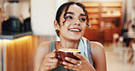 Happy, calm and woman with coffee in cafe for relax on weekend, break or morning in restaurant. Peace, thinking and female person enjoying cup of warm caffeine, matcha or chai latte in diner.