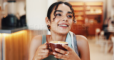Buy stock photo Happy, calm and woman with coffee in cafe for relax on weekend, break or morning in restaurant. Peace, thinking and female person enjoying cup of warm caffeine, matcha or chai latte in diner.