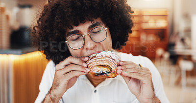 Buy stock photo Cafe, happy and man pastry eating for breakfast with snack, meal and hungry with craving. Coffee shop, restaurant and person with croissant, baked confectionery and bite delicious food for dessert