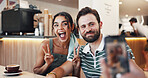 Photography, excited and couple in cafe on date with memory, bonding or social media post. Peace sign, happy and man with woman in coffee shop for profile picture in morning at restaurant together
