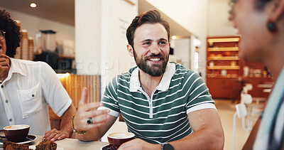 Buy stock photo Conversation, coffee and group of friends in cafe for drinking, bonding or social gathering. Happy, latte and people enjoying cappuccino in morning together for talking and connection in restaurant.