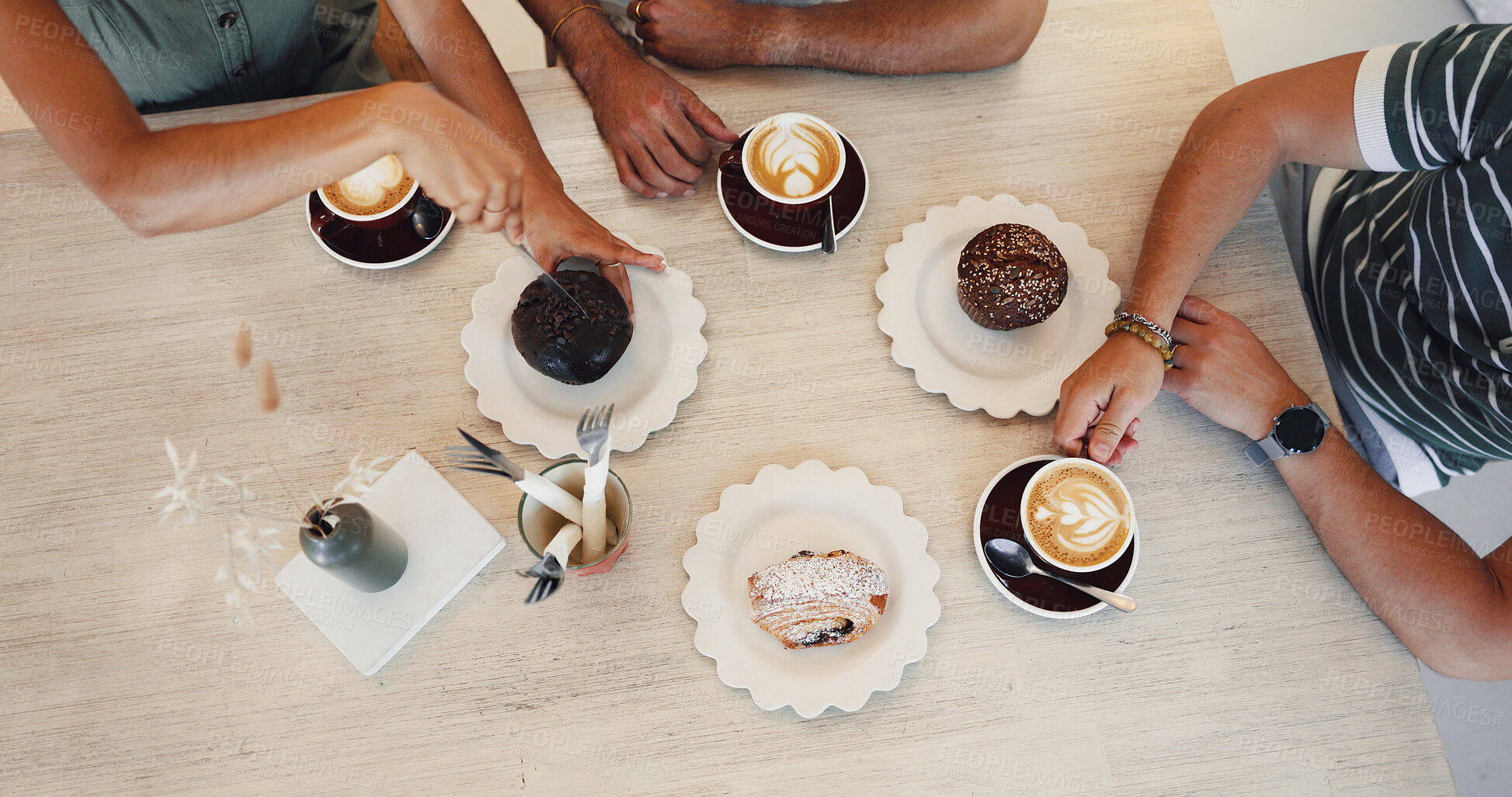 Buy stock photo Friends, hands and coffee in cafe with muffin, hospitality service and dessert for breakfasts together. People, top view and tea break in restaurant with beverage drinks, cupcakes or order in diner
