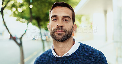 Buy stock photo Serious, business and man with portrait in city for career ambition, accountant job and morning commute. Male person, pride and finance experience, urban travel and about us of investment opportunity