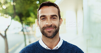 Buy stock photo Smile, business and man for portrait in city of career ambition, accountant job and morning commute. Male person, confident and accounting experience, urban travel and about us of finance opportunity