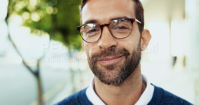 Buy stock photo Happy, business and man for portrait in city for career ambition, accountant job and morning commute. Male person, confident and finance expert, urban travel and about us of investment opportunity