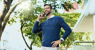 Buy stock photo City, smile and businessman with phone call for talking, thinking and realtor with proposal to client. Urban, male person and real estate agent with mobile for discussion, sales opportunity and below