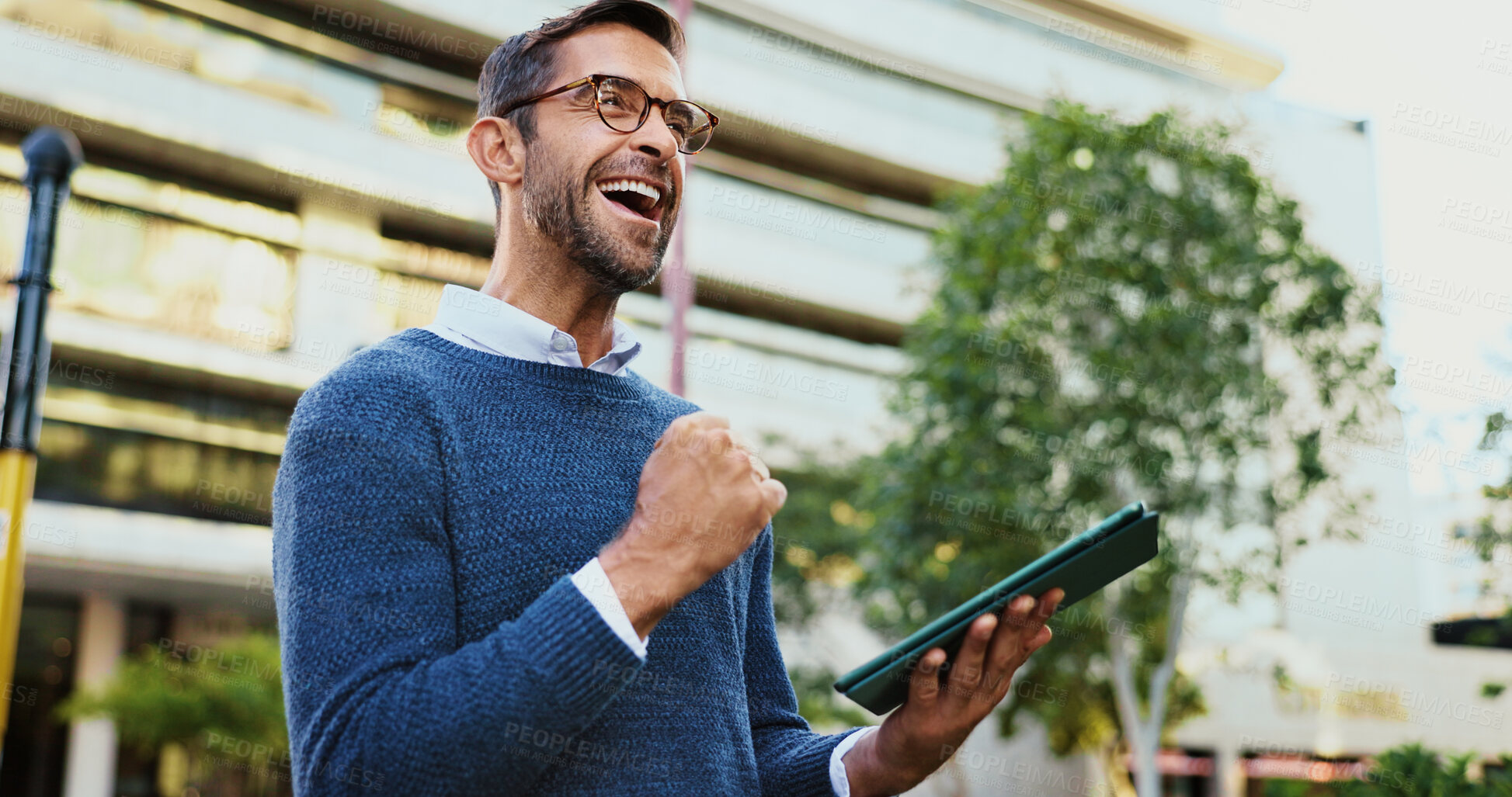 Buy stock photo City, man and fist pump with tablet for celebration, realtor and project success for property development. Business, real estate agent and excited with tech for promotion, listing deal or achievement