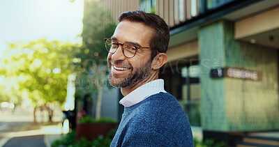 Buy stock photo Portrait, business and man laughing in city for career ambition, accountant and morning commute. Male person, consultant and finance experience, urban travel and sightseeing of investment opportunity