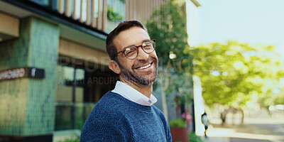 Buy stock photo Portrait, corporate and man laughing in city of career ambition, accountant and morning commute. Male person, funny joke and finance experience, urban travel and sightseeing of investment opportunity