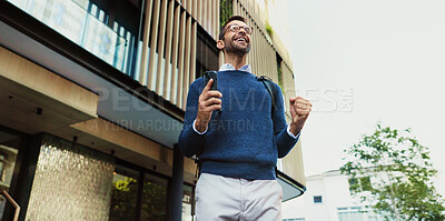 Buy stock photo Commuting, excited and man with smartphone, street and celebration with tech for opportunity, travel or smile. Outdoor, happy and person with mobile for work, road and new job for employee or victory