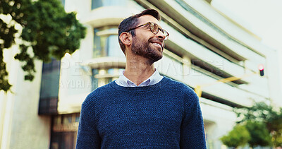 Buy stock photo Thinking, creative man and smile in city for career planning, reflection and ideas for job opportunity. Male person, thoughts and morning commute with urban problem solving, legal solution and memory