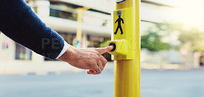 Buy stock photo Person, hands and pedestrian with button for crosswalk, road safety or security in city. Closeup, civilian or traffic light with signal for travel, commute or protection on street in an urban town