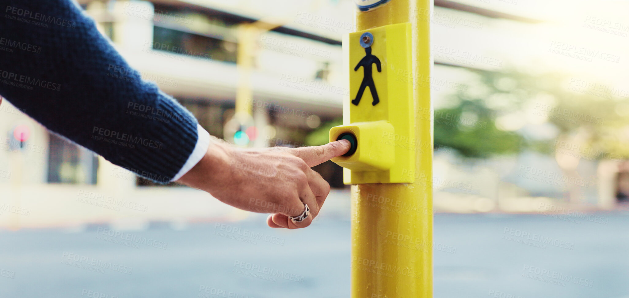 Buy stock photo Person, hands and pedestrian with button for crosswalk, road safety or security in city. Closeup, civilian or traffic light with signal for travel, commute or protection on street in an urban town