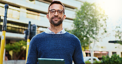 Buy stock photo Happy, travel and portrait of businessman in city waiting for cab, lift or public transportation. Confident, glasses and male magazine editor from Brazil planning commute to work in urban town.
