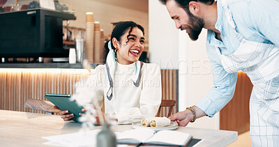 Buy stock photo Business, woman and waiter on tablet at cafe for customer service, serving food and inventory management. Smile, people, digital and giving meal for lunch, stock application and hospitality industry