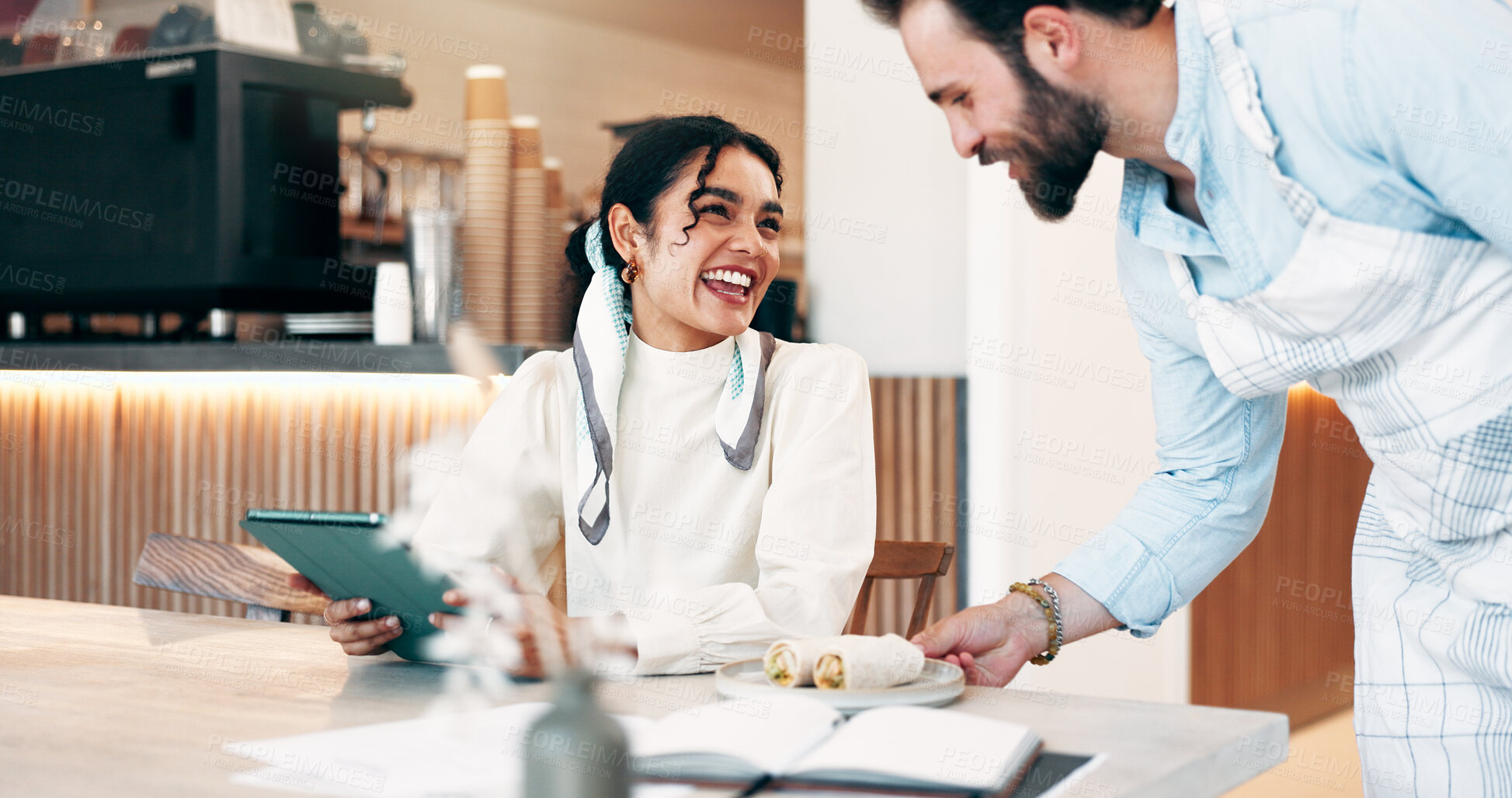Buy stock photo Business, woman and waiter on tablet at cafe for customer service, serving food and inventory management. Smile, people, digital and giving meal for lunch, stock application and hospitality industry