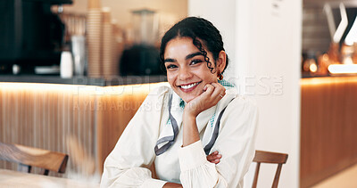 Buy stock photo Happy, remote work and portrait of businesswoman in cafe with confidence for creative career. Journalism, restaurant and female copywriter with pride and smile for freelance job in coffee shop.