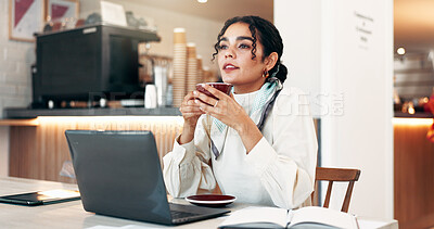 Buy stock photo Business, woman and thinking with laptop at cafe for planning, ideas and inventory management. Owner, coffee and digital for menu solution, problem solving and online booking with restaurant feedback