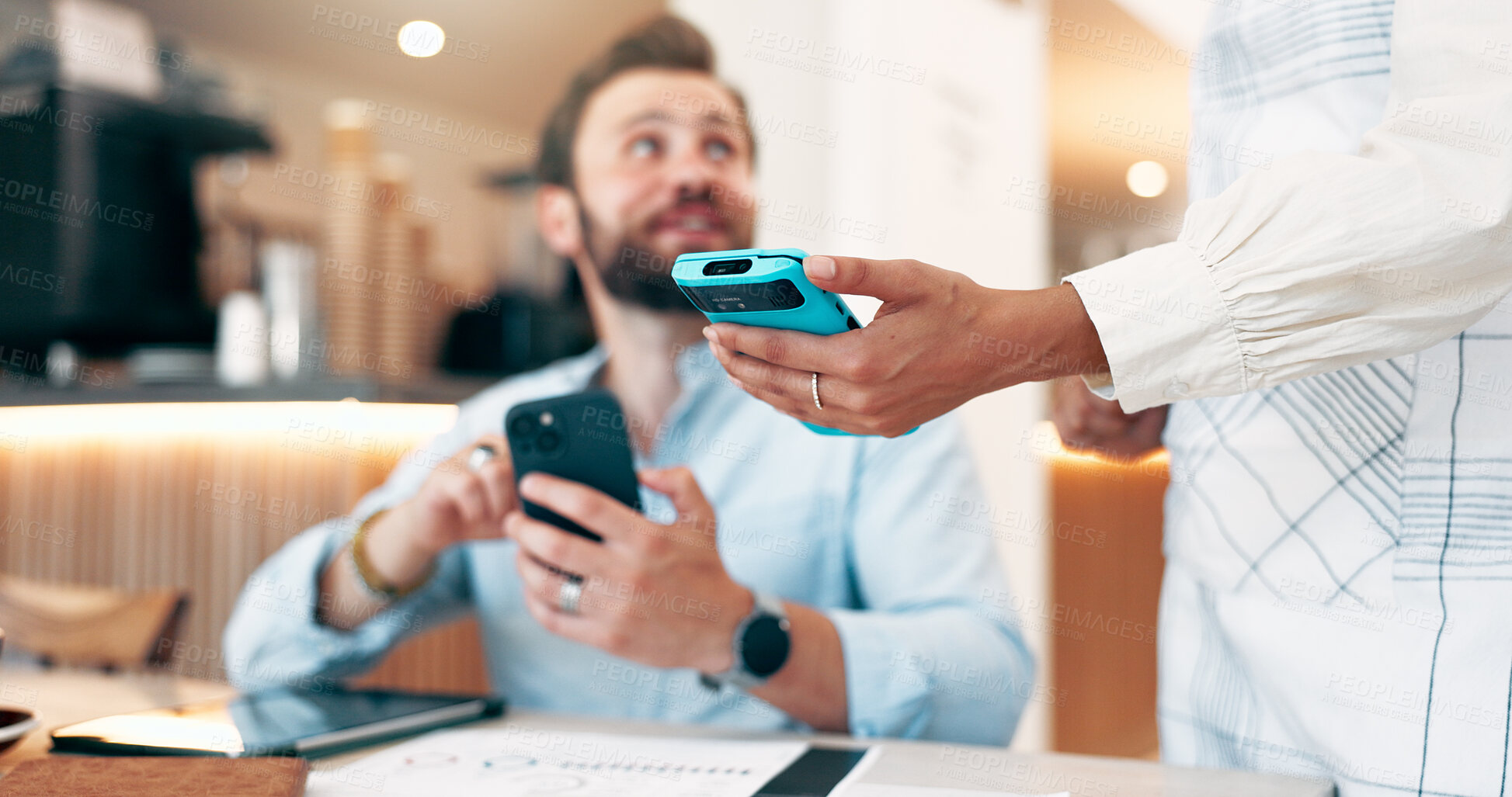 Buy stock photo Freelance man, customer and waiter with pos machine at coffee shop for payment, NFC transaction or wireless atm. Business person, purchase and phone with credit card for fintech, tap or cafe checkout