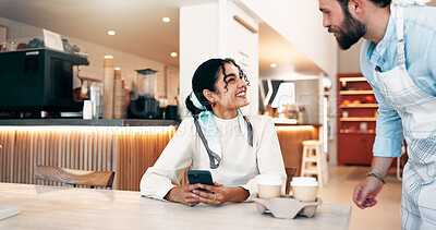 Buy stock photo Coffee shop, happy and woman with waiter for service with drink, latte and beverage in cafeteria. Restaurant, hospitality and server with customer on smartphone for takeaway, thank you and order