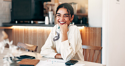 Buy stock photo Business woman, tablet and smile in cafe for inventory, social media and retail management. Technology, portrait and commitment with owner in coffee shop for sales graph, restaurant review or stock